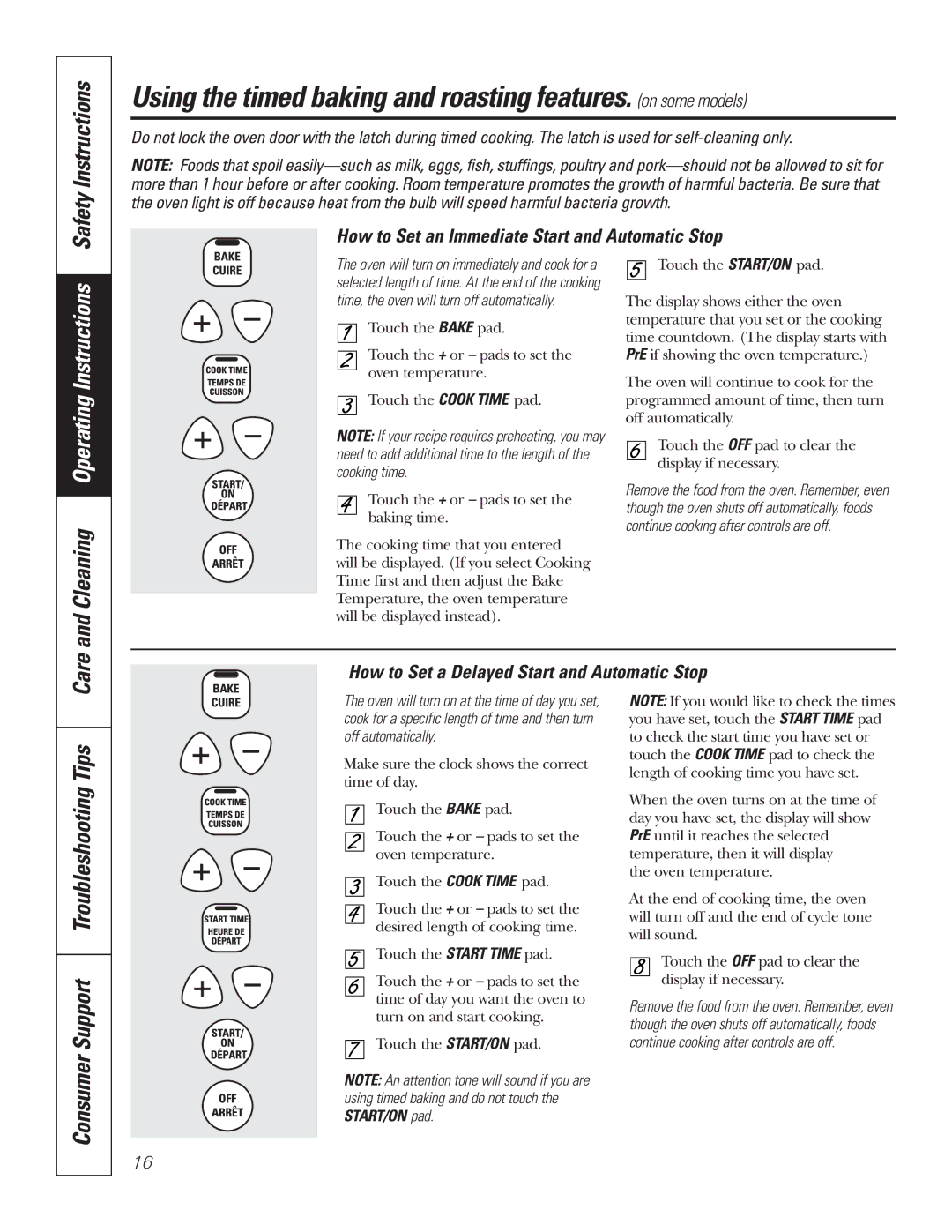 GE JCBP83, JCBP67, JCBP65, JCBP70, JCBP78, JCBP81 Safety Instructions, Care, How to Set an Immediate Start and Automatic Stop 