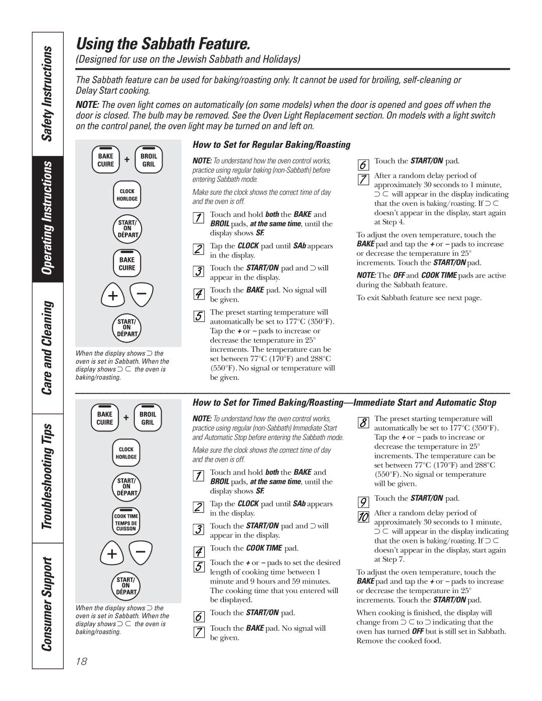 GE JCBP81, JCBP67 Using the Sabbath Feature, Consumer Support Troubleshooting Tips, How to Set for Regular Baking/Roasting 