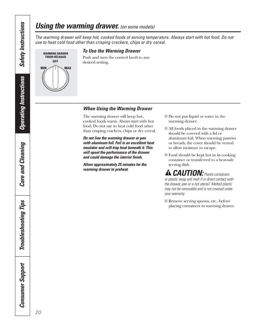 GE JCBP71, JCBP67 Using the warming drawer. on some models, Instructions Safety Instructions, To Use the Warming Drawer 