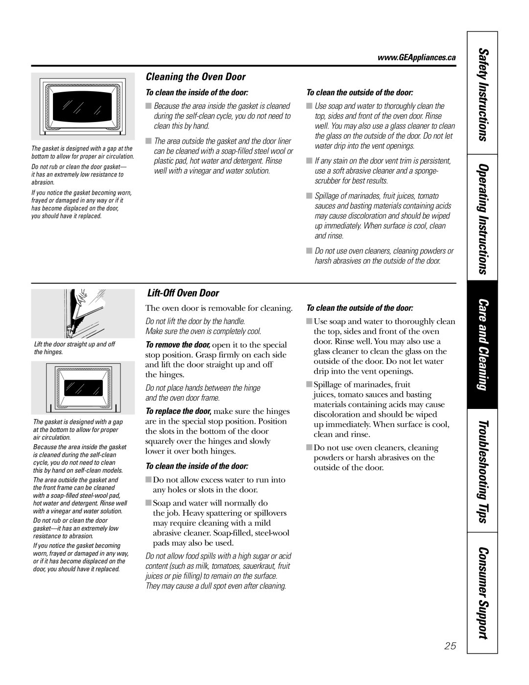 GE ECBP82 Instructions Operating Instructions, Care and Cleaning Troubleshooting Tips Consumer Support, Lift-Off Oven Door 