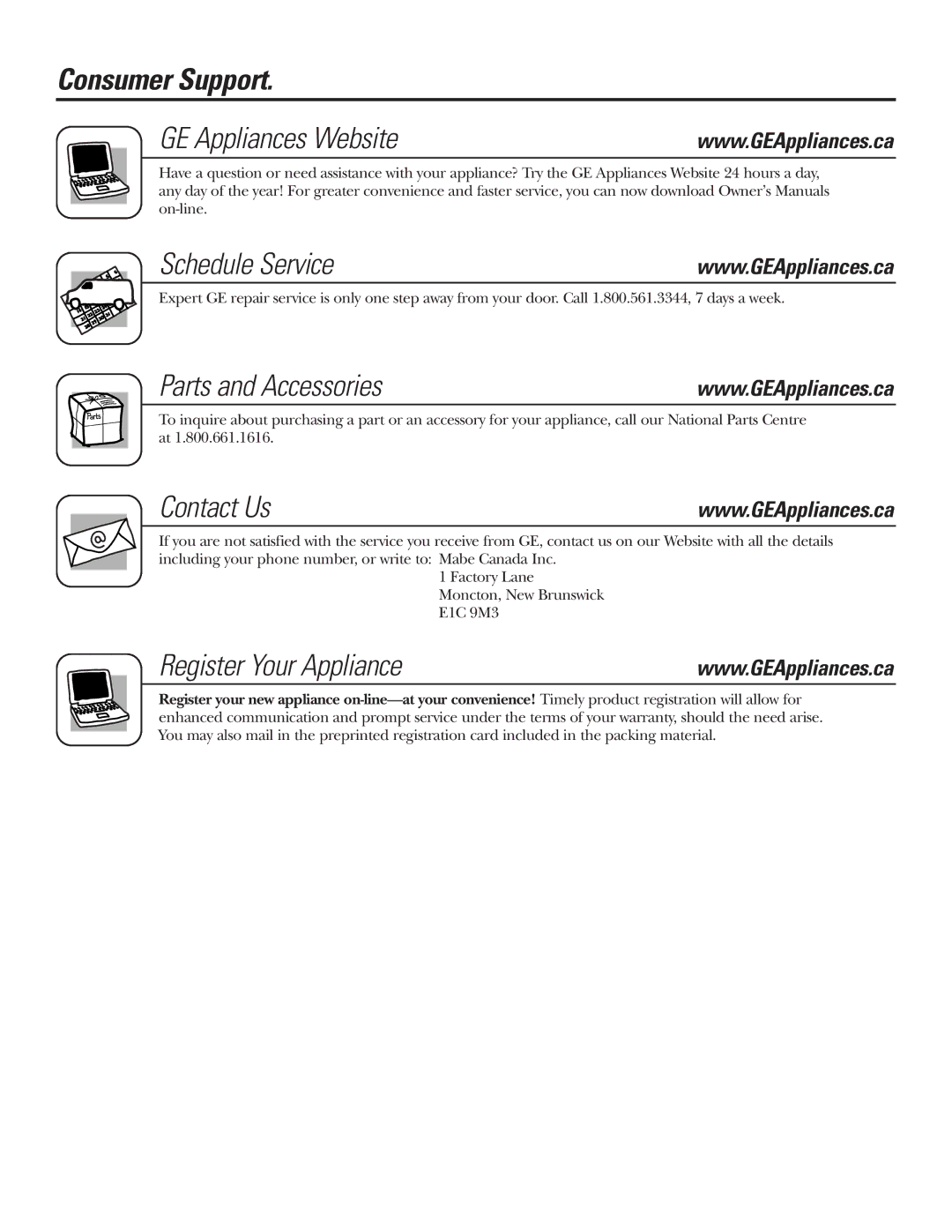 GE JCBP67, JCBP65, JCBP70, JCBP83 Consumer Support GE Appliances Website Schedule Service, Parts and Accessories, Contact Us 