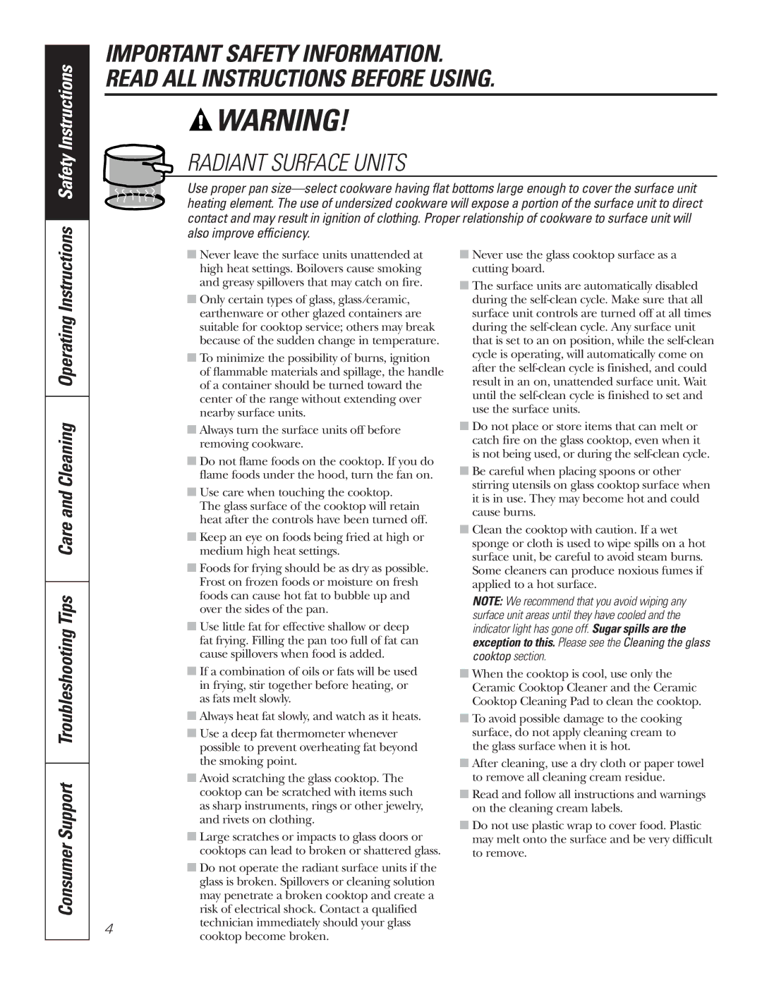 GE JCBP78, JCBP67, JCBP65, JCBP70, JCBP83, JCBP81, JCBP80, JCBP71, JCBP66, JCBP68 Radiant Surface Units, Safety Instructions 