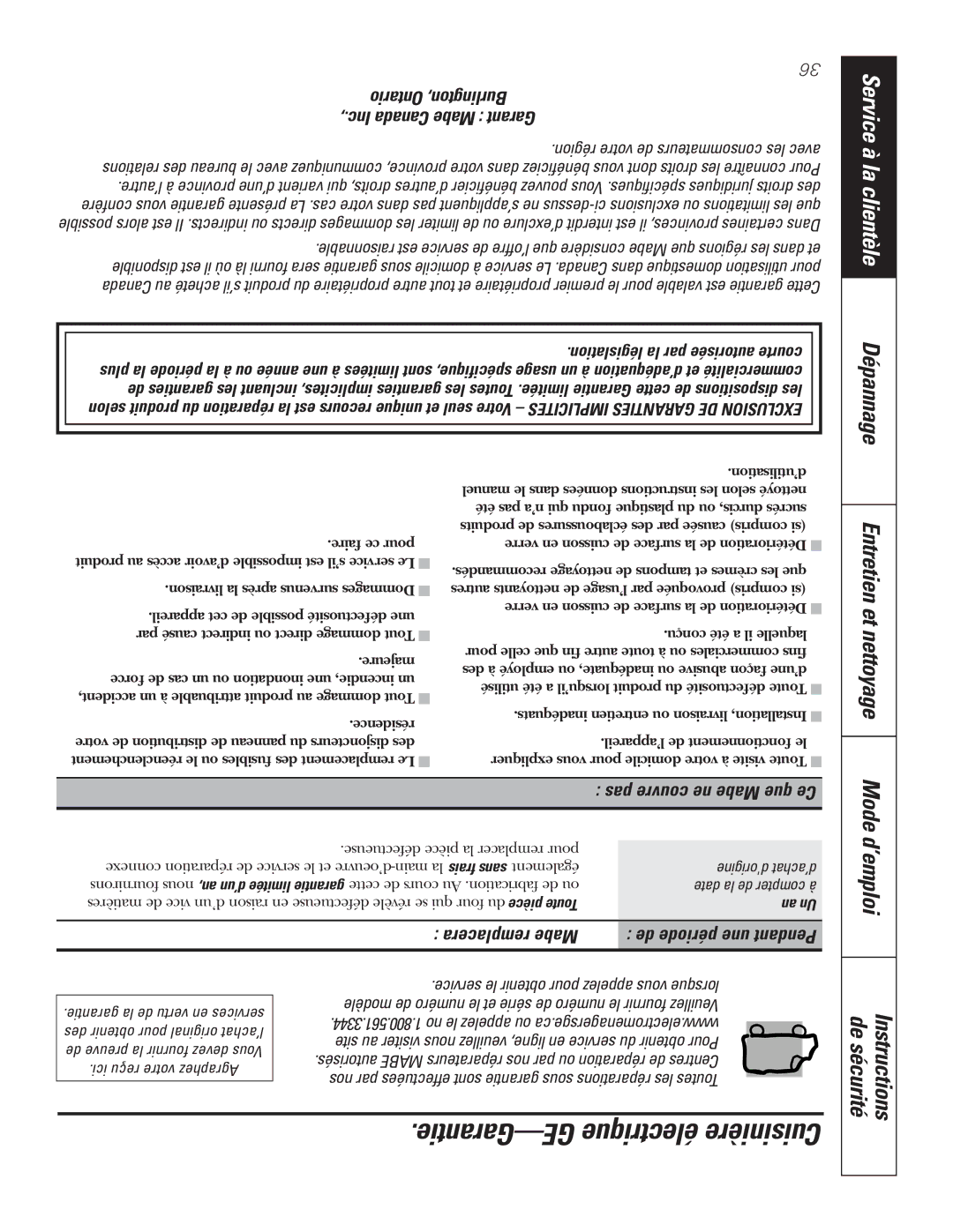 GE JCBP70 Service à la clientèle, Dépannage, Entretien et nettoyage, Garantie-GE électrique Cuisinière, Mode d’emploi 