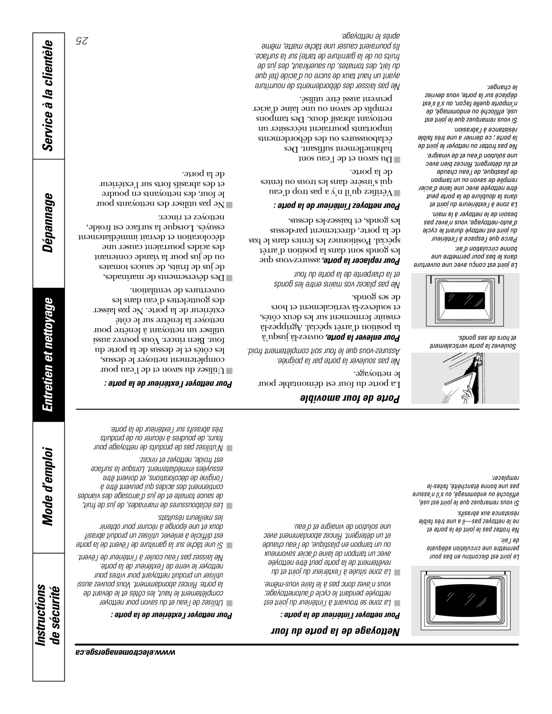 GE JCBP67, JCBP65, JCBP70, JCBP83 Entretien et nettoyage, Mode d’emploi Instructions De sécurité, Amovible four de Porte 