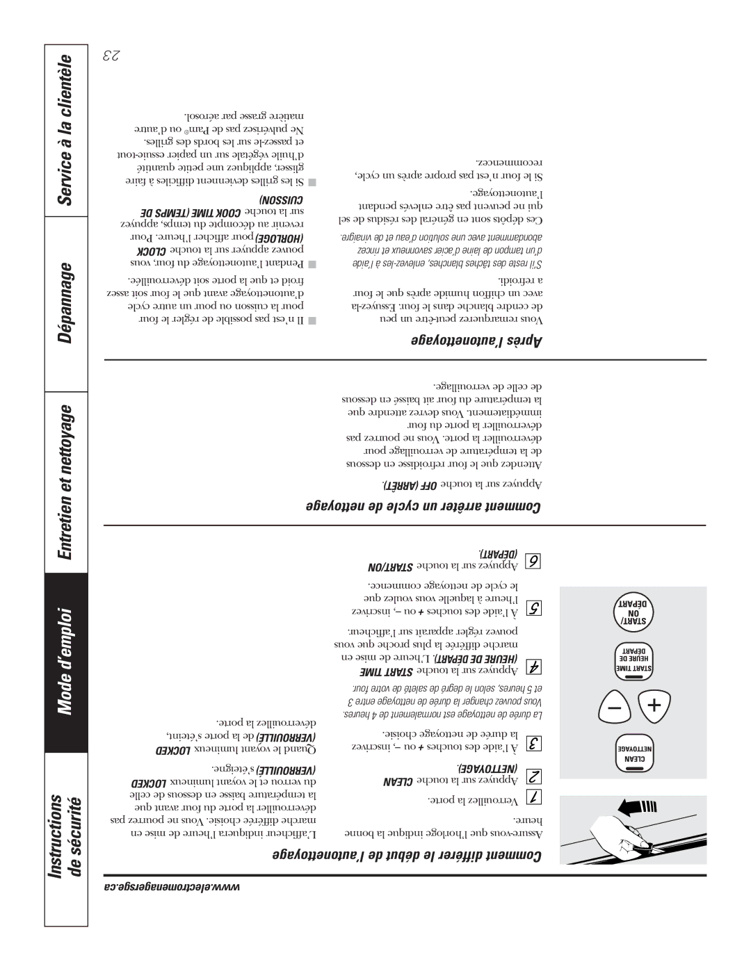 GE JCBP70 Clientèle, Mode d’emploi, Service à la, ’autonettoyage Après, ’autonettoyage de début le différer Comment 