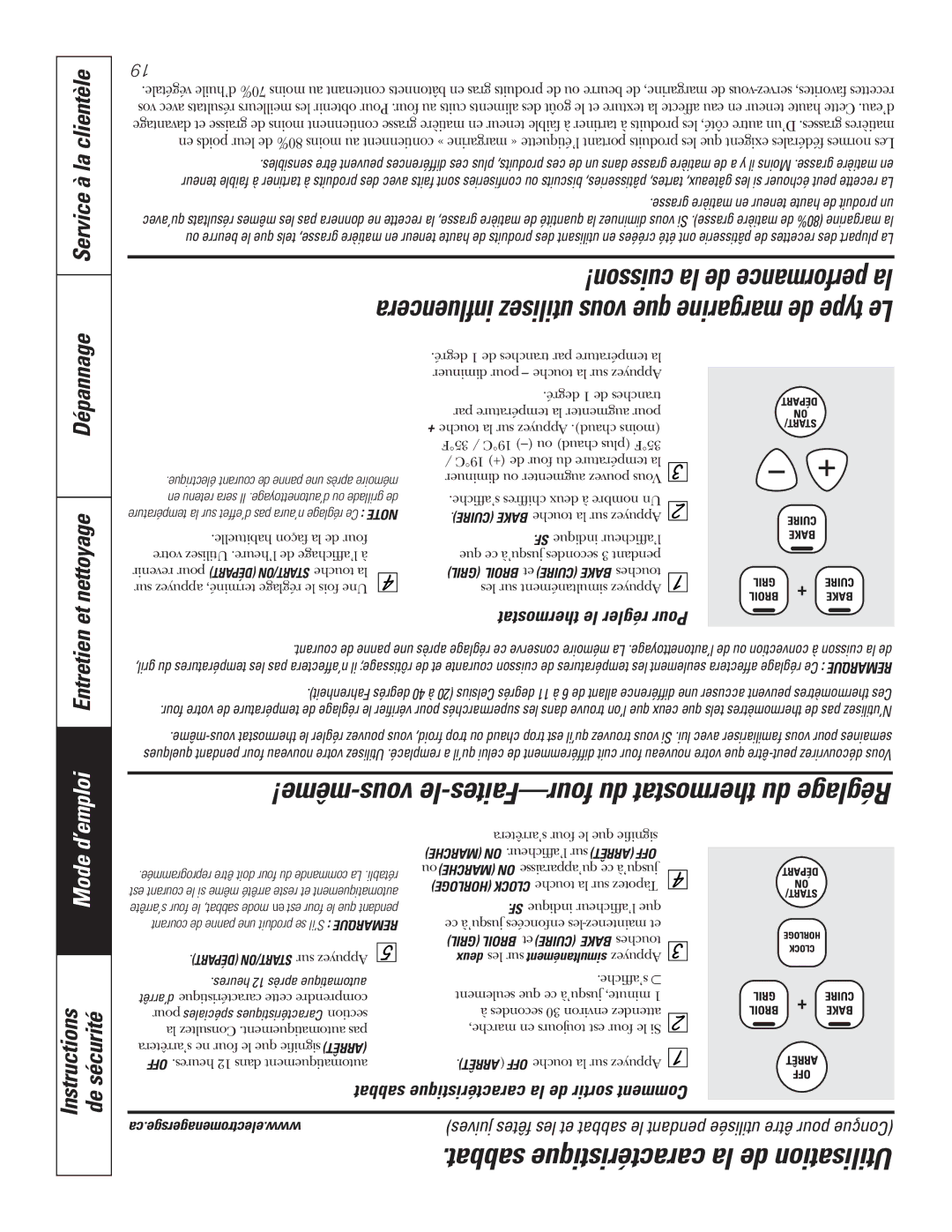 GE JCBP80 Et nettoyage, Mode d’emploi Entretien, Instructions De sécurité, Sabbat caractéristique la de Utilisation 