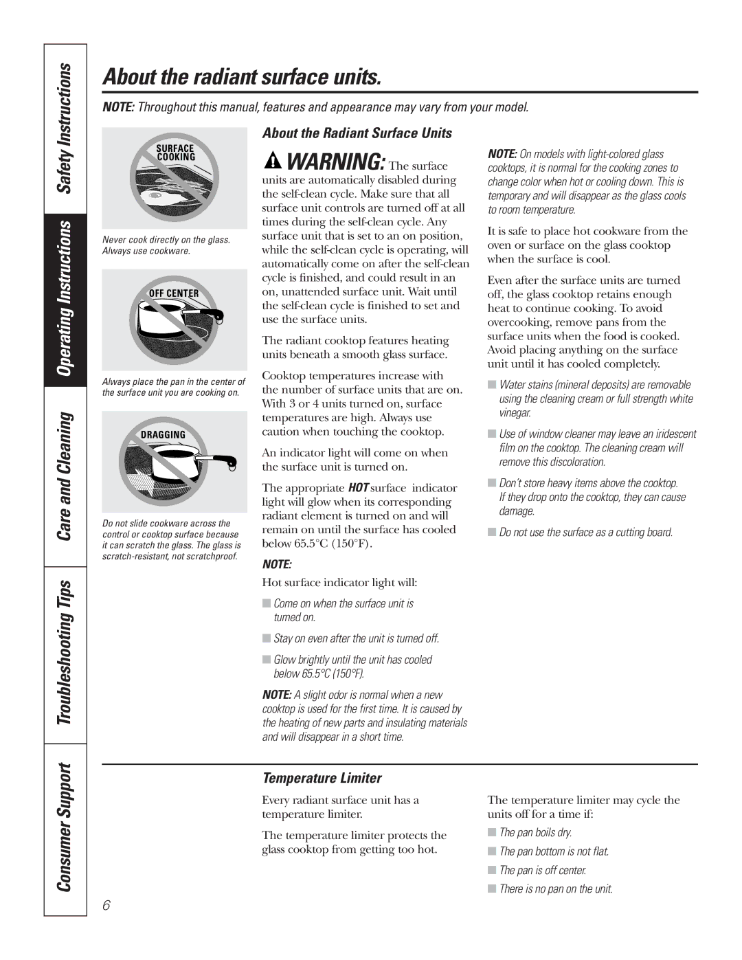GE JCBP80, JCBP67, JCBP65 About the radiant surface units, Instructions, Consumer Support, About the Radiant Surface Units 