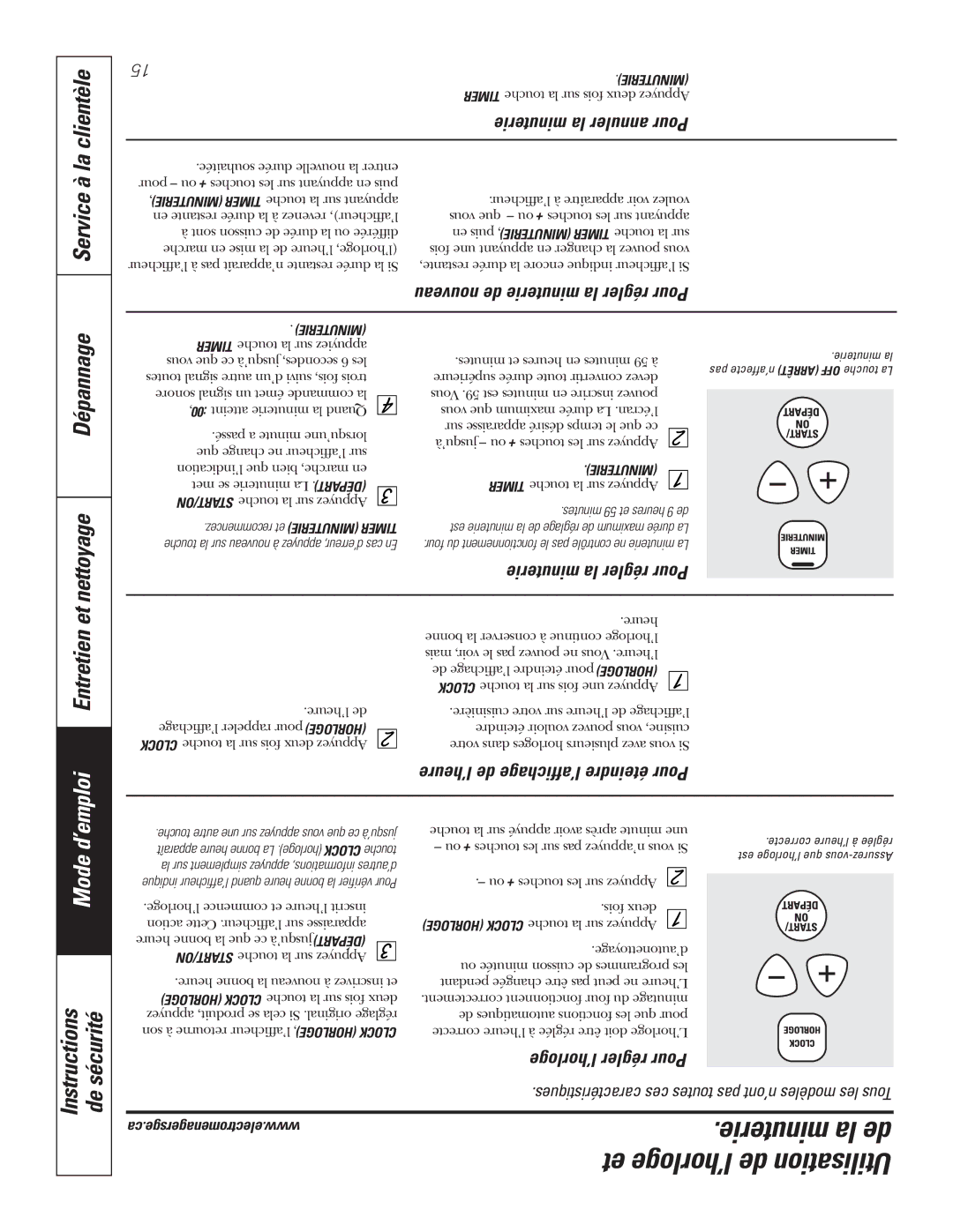 GE JCBP62, JCBP67, JCBP65, JCBP70 Dépannage Et nettoyage, Mode, Minuterie la de, Et l’horloge de Utilisation, Entretien 