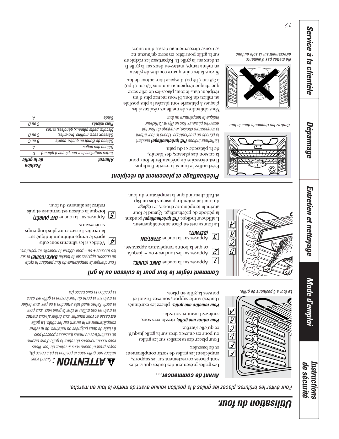 GE JCBP67, JCBP65, JCBP70 Service, Four du Utilisation, La clientèle, Entretien et nettoyage, Instructions de sécurité 