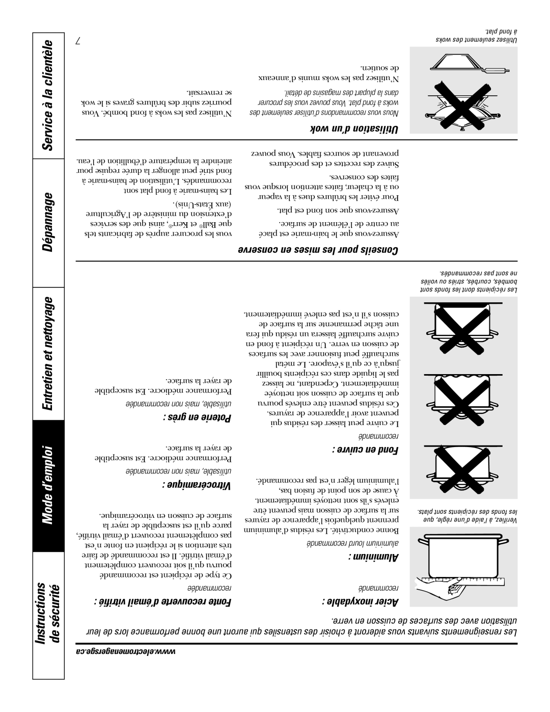 GE JCBP81 Mode d’emploi Entretien et nettoyage, Conserve en mises les pour Conseils, Wok d’un Utilisation, Grès en Poterie 