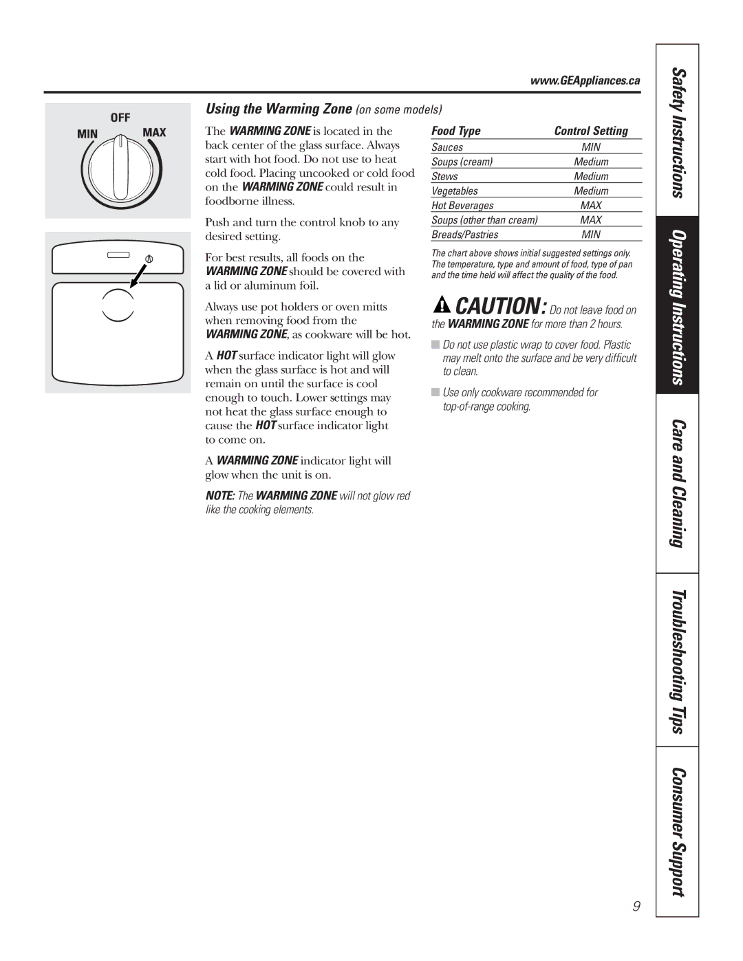 GE JCBP68, JCBP67, JCBP65, JCBP70, JCBP83 Safety, Instructions Operating, Using the Warming Zone on some models, Food Type 