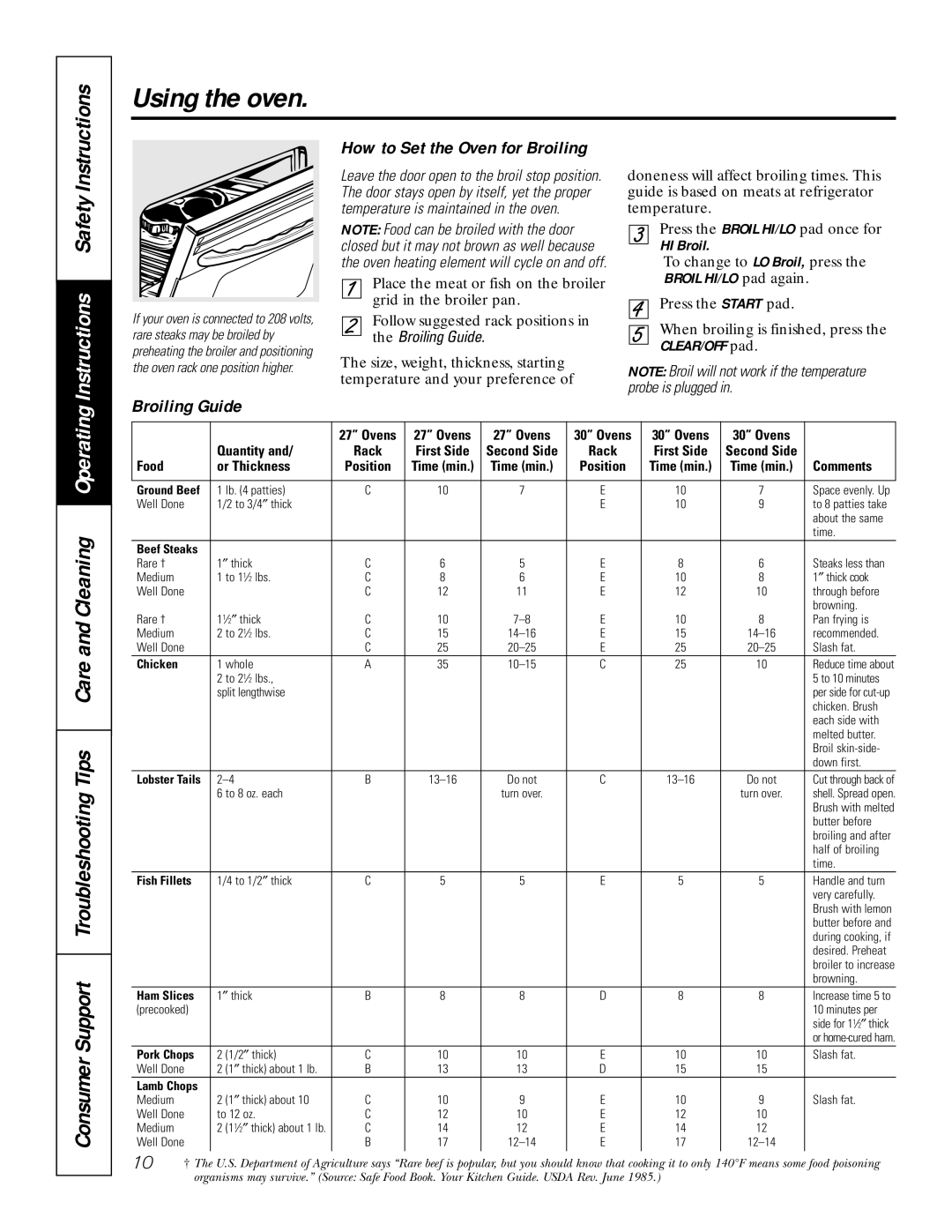 GE JCK 915, JCT 915 owner manual Instructions Safety, How to Set the Oven for Broiling, Broiling Guide, HI Broil 