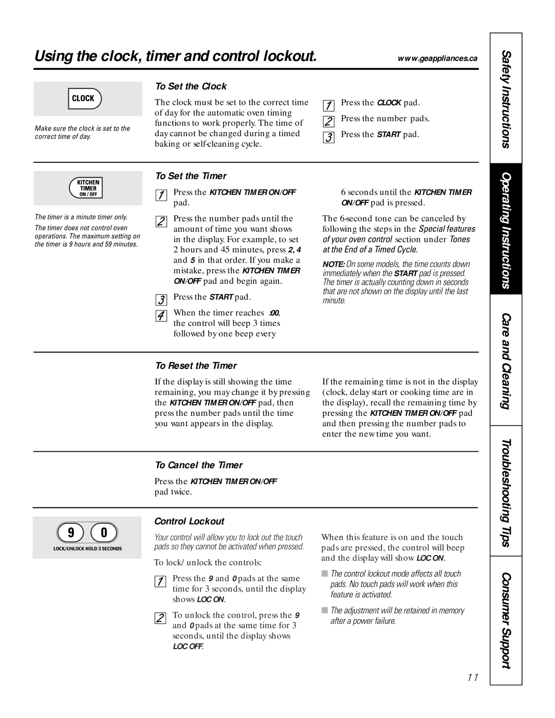 GE JCT 915, JCK 915 owner manual Using the clock, timer and control lockout, Cleaning, Operating Instructions Care 