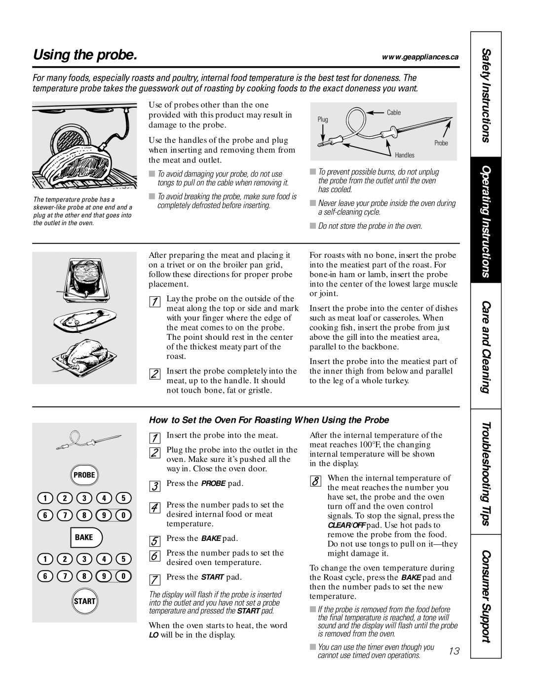 GE JCT 915 Using the probe, Troubleshooting Tips Consumer Support, How to Set the Oven For Roasting When Using the Probe 