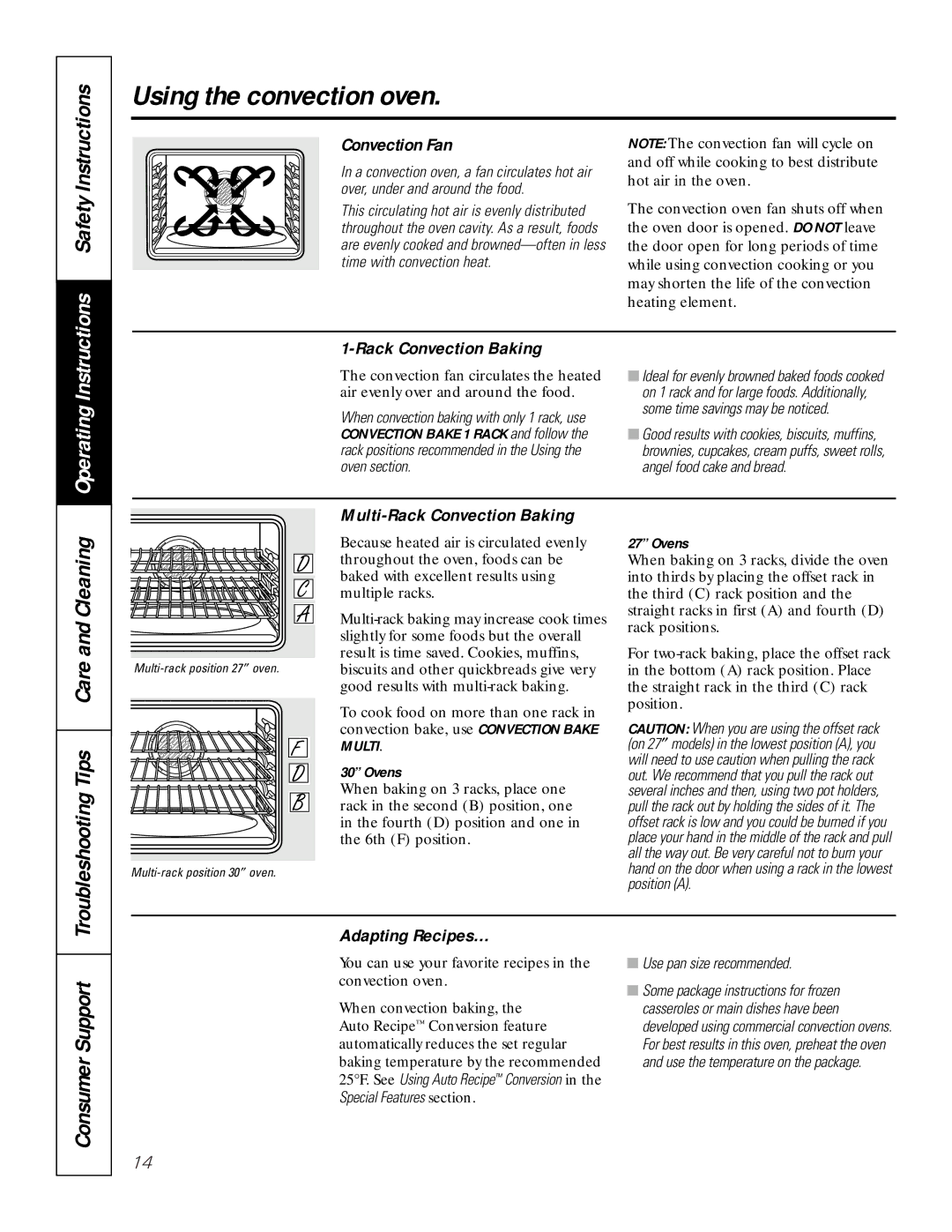 GE JCK 915, JCT 915 owner manual Using the convection oven, Convection Fan, Multi-Rack Convection Baking, Adapting Recipes… 