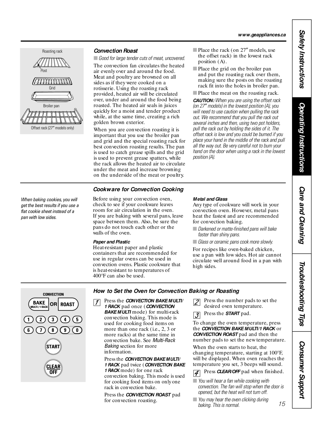 GE JCT 915, JCK 915 owner manual Instructions Operating Instructions, Tips Consumer Support, Convection Roast 