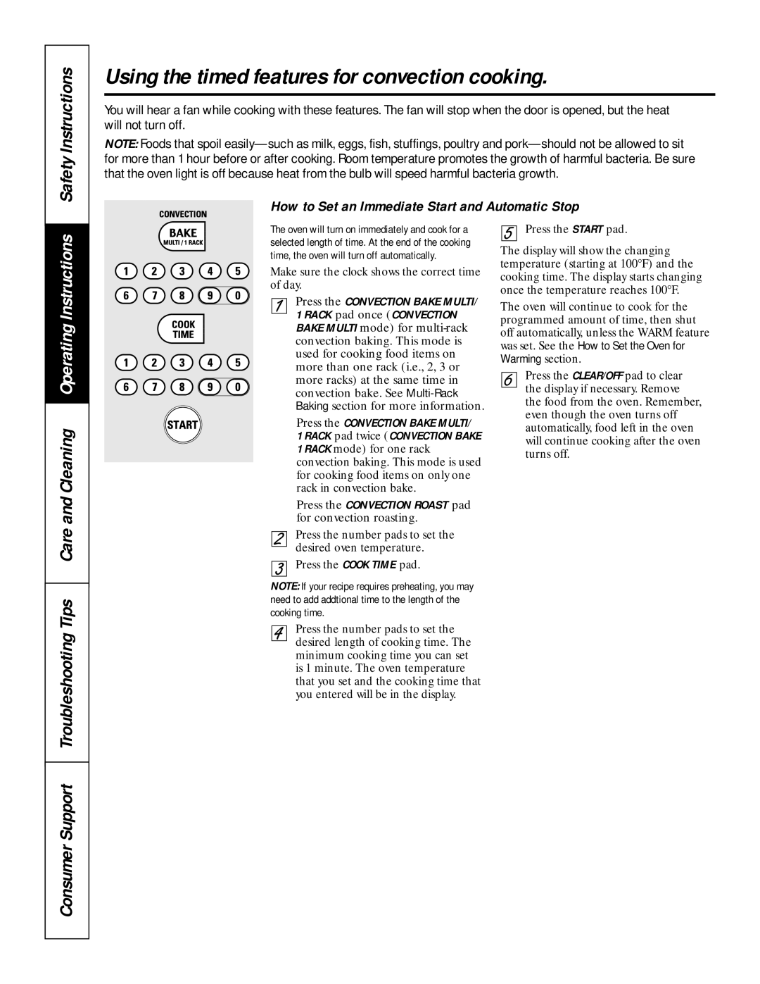 GE JCK 915, JCT 915 owner manual Using the timed features for convection cooking, Care and Cleaning Operating Instructions 