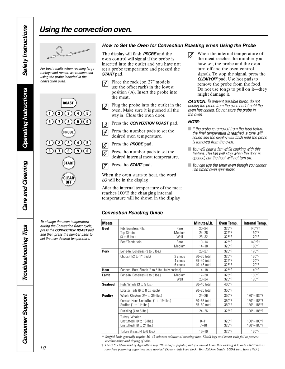 GE JCK 915, JCT 915 owner manual Convection Roasting Guide, Press the Convection Roast pad 