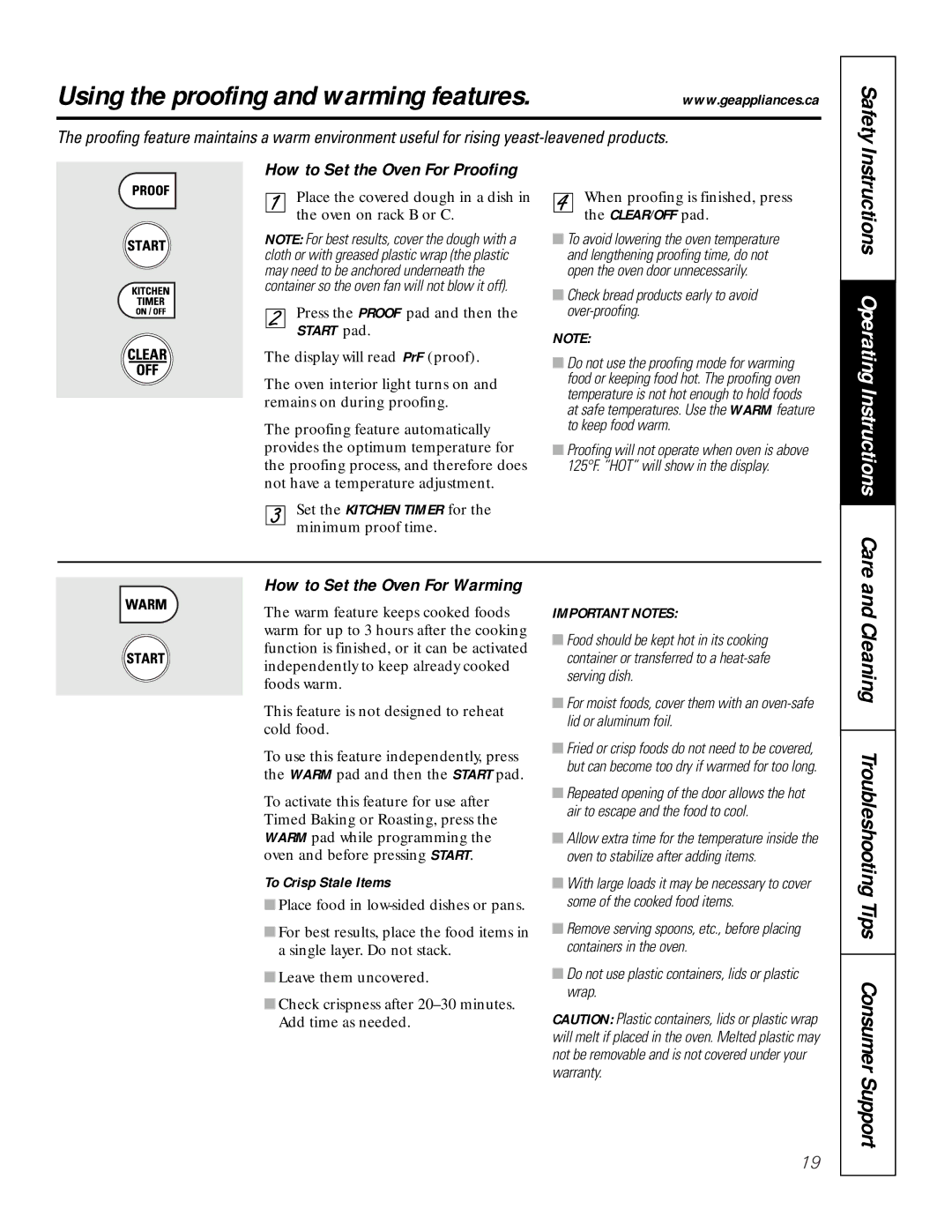 GE JCT 915 Using the proofing and warming features, Instructions Operating Instructions Care, To Crisp Stale Items 