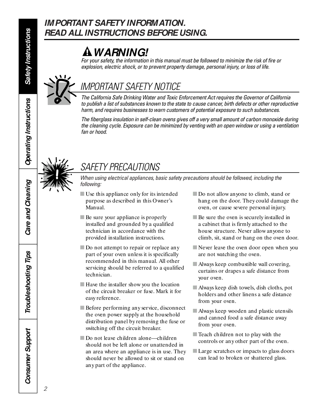 GE JCK 915, JCT 915 owner manual Important Safety Notice, Operating Instructions Safety Instructions 