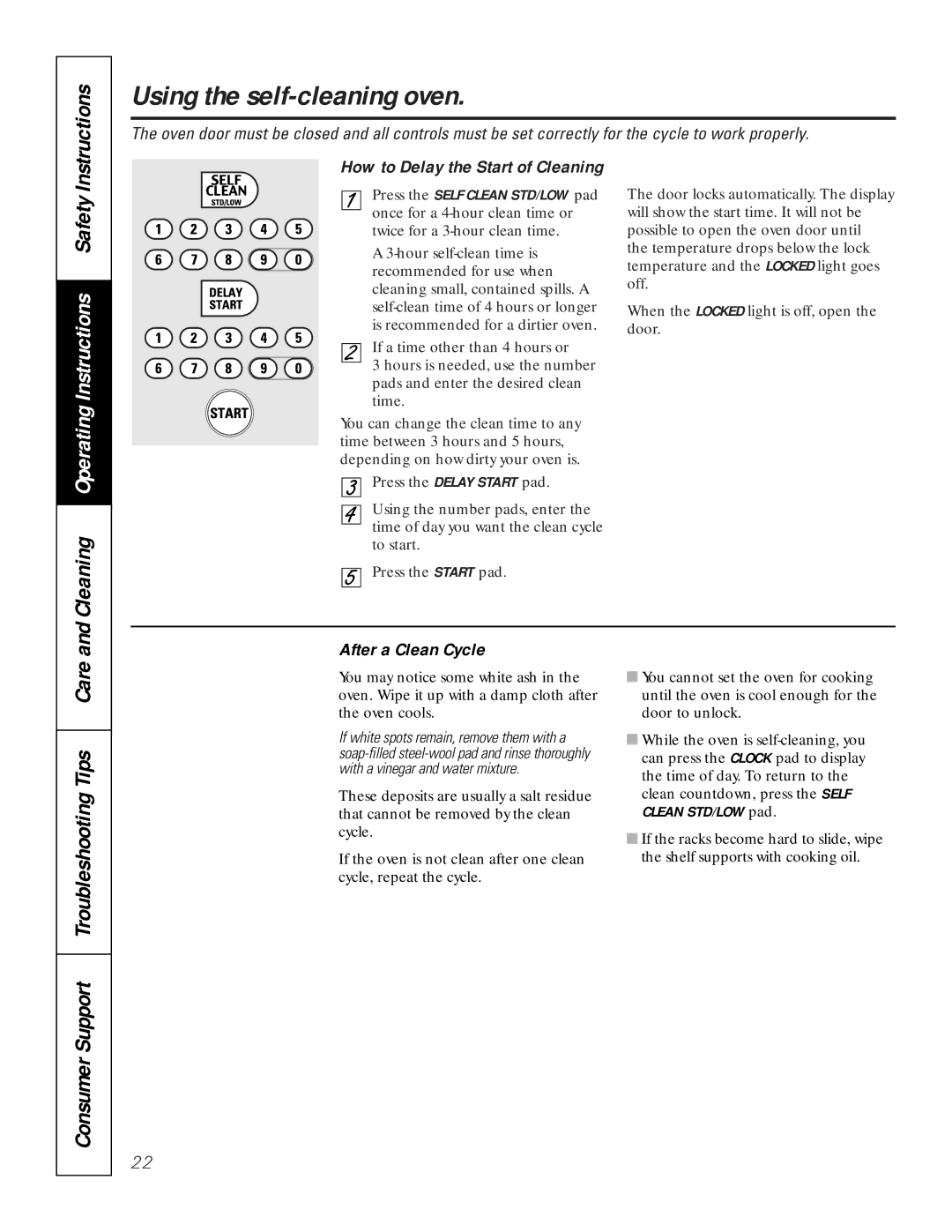 GE JCK 915, JCT 915 Cleaning Operating Instructions Safety, After a Clean Cycle, How to Delay the Start of Cleaning 