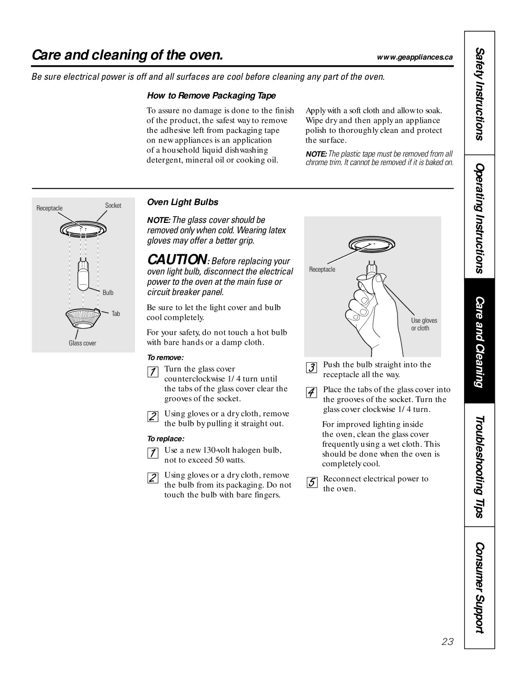 GE JCT 915, JCK 915 Care and cleaning of the oven, How to Remove Packaging Tape, Oven Light Bulbs, To remove, To replace 