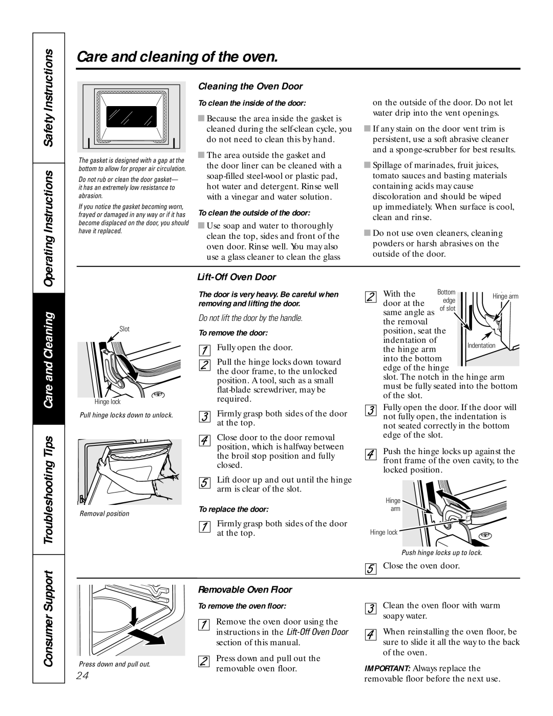 GE JCK 915, JCT 915 Operating Instructions Safety, Troubleshooting Tips Care and Cleaning, Cleaning the Oven Door 