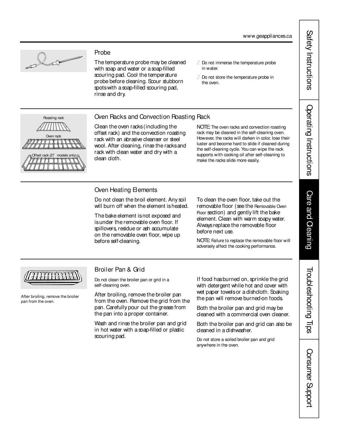 GE JCT 915 Care and Cleaning, Probe, Oven Racks and Convection Roasting Rack, Oven Heating Elements, Broiler Pan & Grid 