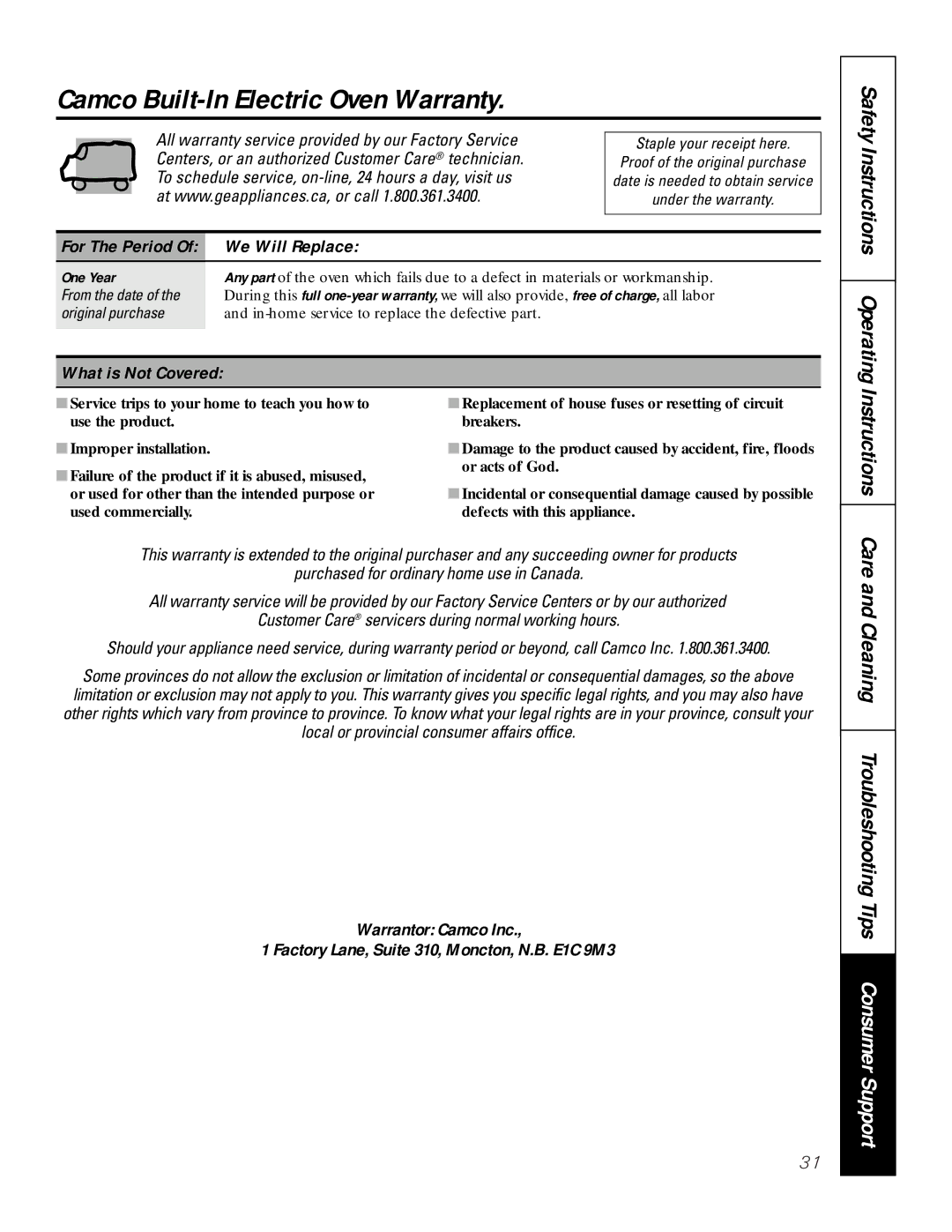 GE JCT 915, JCK 915 owner manual Camco Built-In Electric Oven Warranty, We Will Replace, What is Not Covered, One Year 