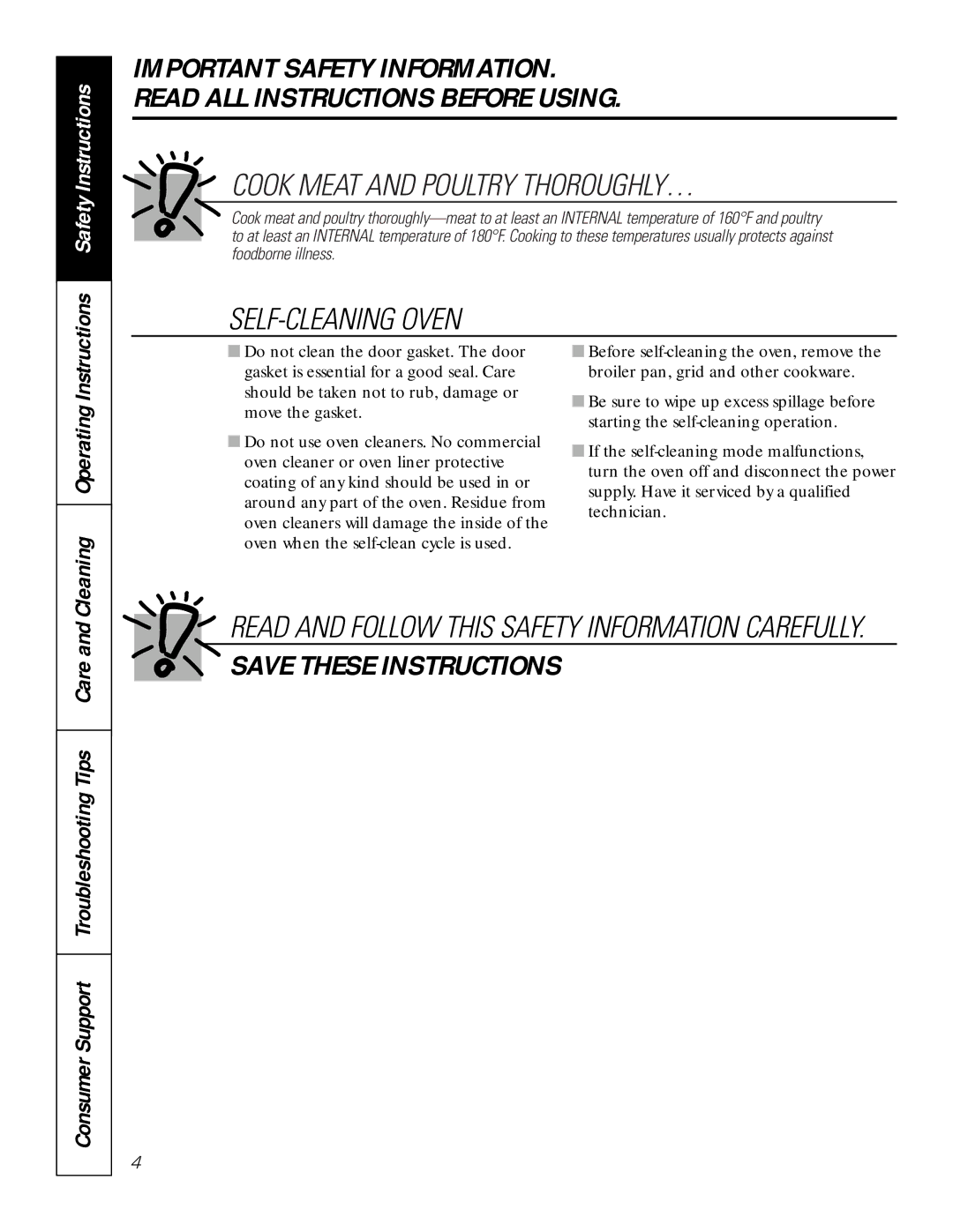 GE JCK 915, JCT 915 owner manual Safety Instructions, Cleaning Operating Instructions 