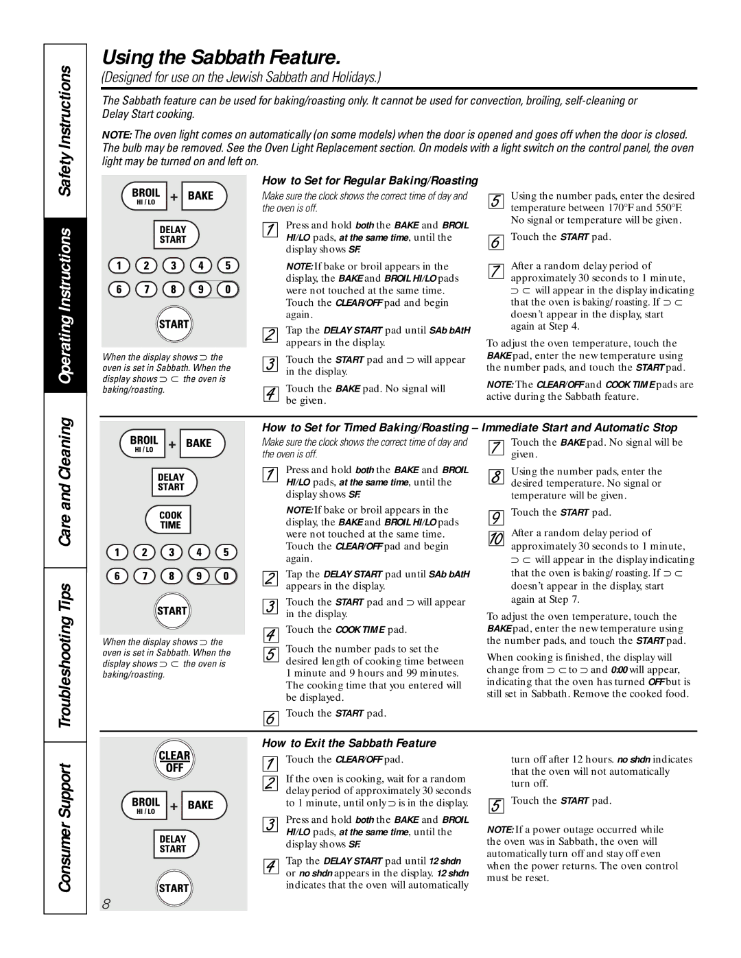 GE JCK 915, JCT 915 owner manual Using the Sabbath Feature, Consumer Support, How to Set for Regular Baking/Roasting 