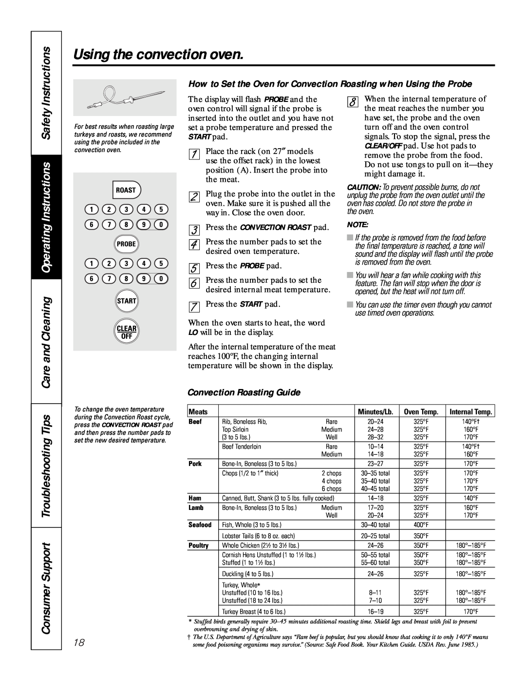 GE JCK 915, JCT 915 Care and Cleaning Operating Instructions Safety, Convection Roasting Guide, Using the convection oven 