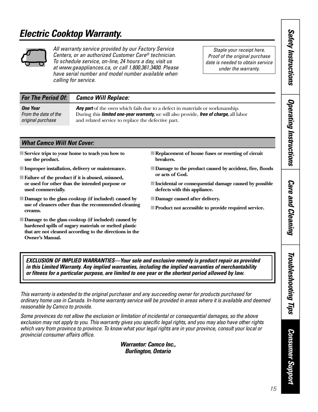 GE JCP340 Electric Cooktop Warranty, Troubleshooting Tips Consumer Support, Camco Will Replace, What Camco Will Not Cover 