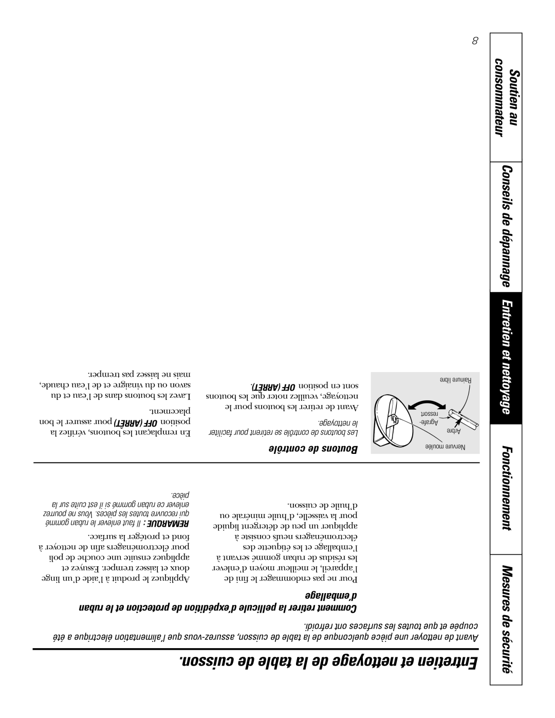 GE JCP340, JCP350 owner manual Contrôle de Boutons, Consommateur, Pièce La sur cuite est il si gommé ruban ce enlever 