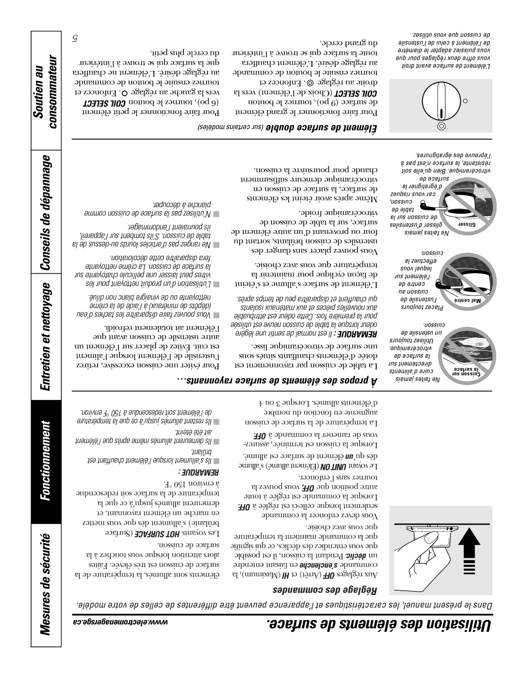 GE JCP350, JCP340 owner manual Surface de éléments des Utilisation, Commandes des Réglage Mesures, Entretienet nettoyage 