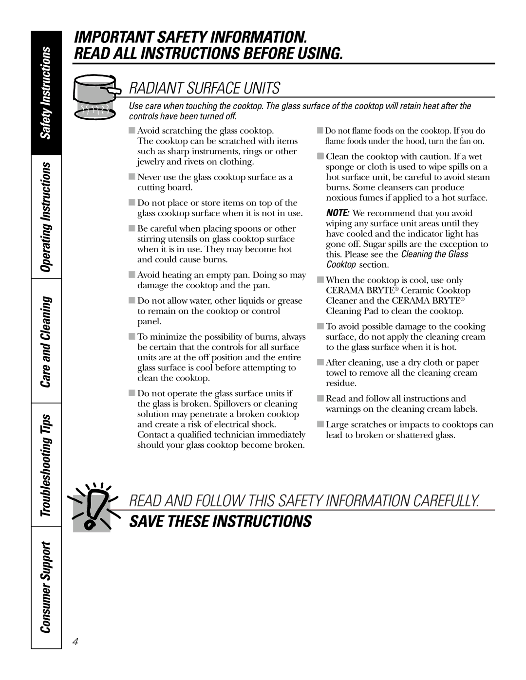 GE JCP350, JCP340 owner manual Radiant Surface Units, Consumer Support 