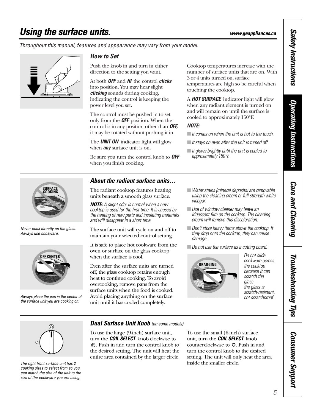 GE JCP340, JCP350 owner manual Using the surface units, Safety, How to Set, About the radiant surface units… 