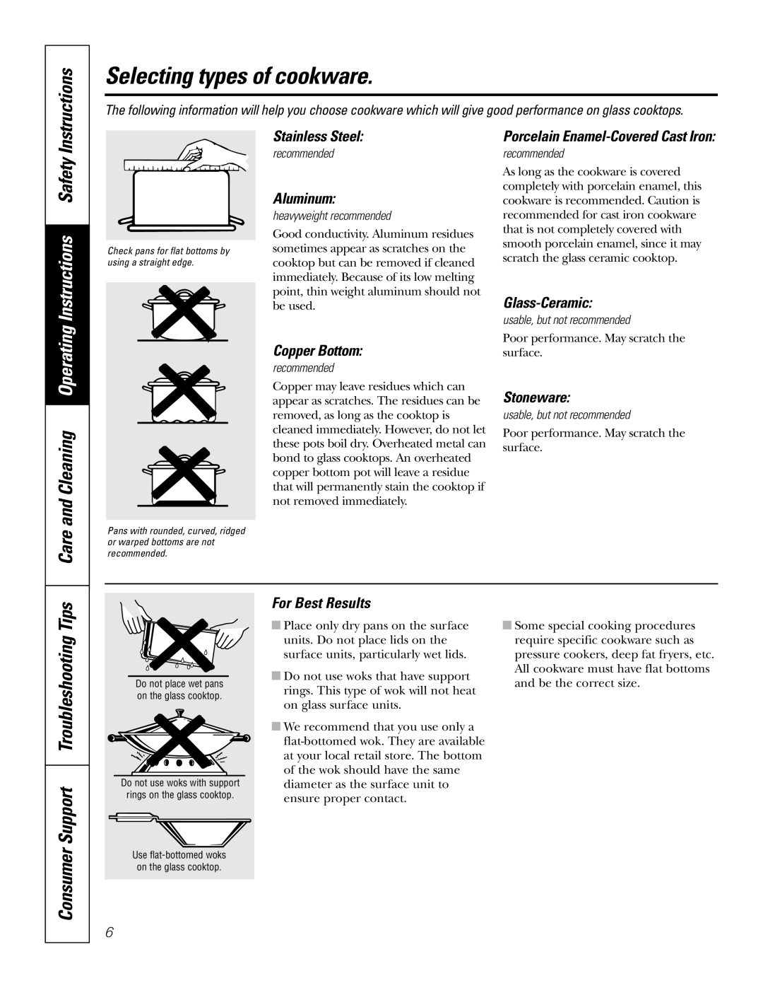 GE JCP350 Selecting types of cookware, Care and Cleaning Operating Instructions Safety, Support Troubleshooting Tips 