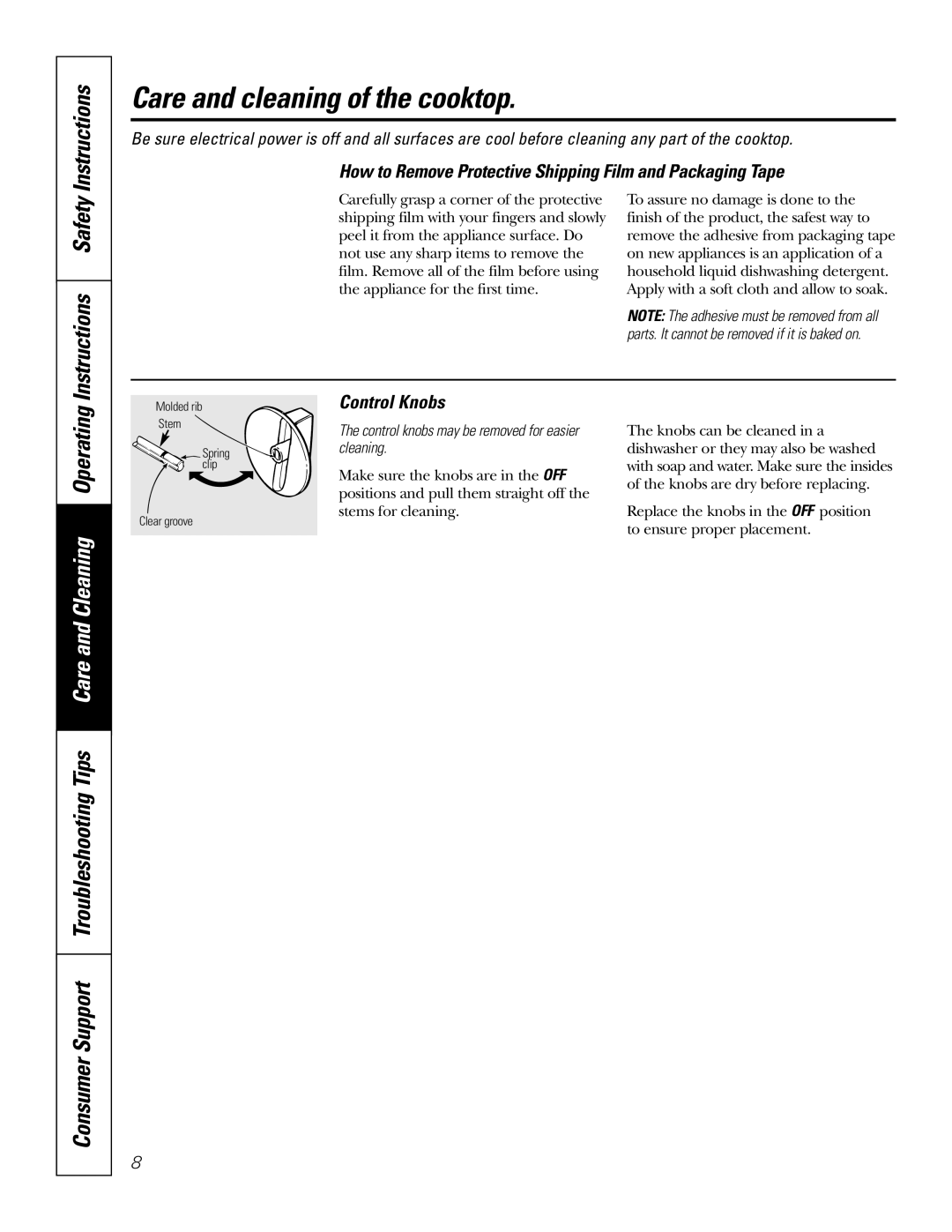 GE JCP350 Care and cleaning of the cooktop, How to Remove Protective Shipping Film and Packaging Tape, Control Knobs 
