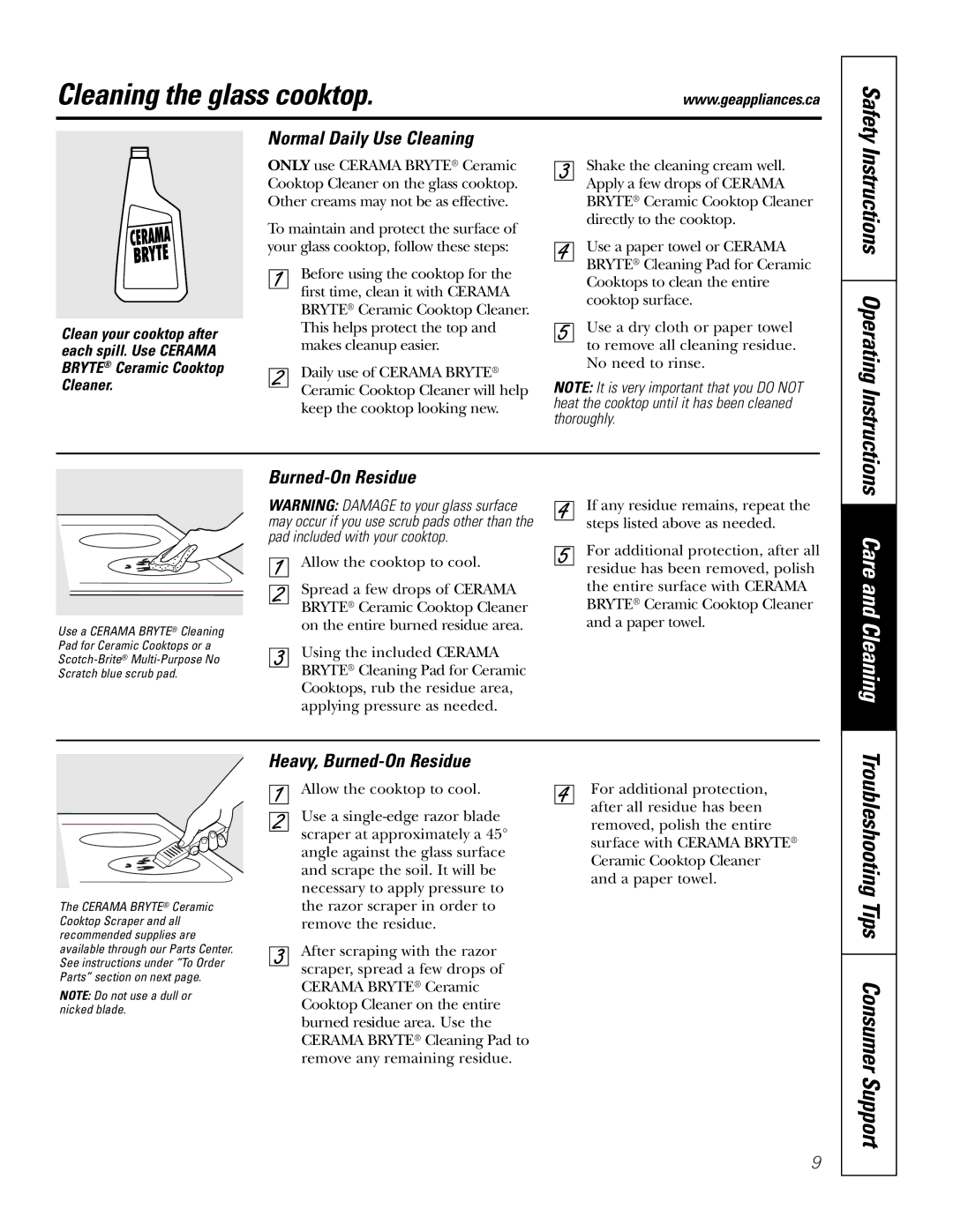 GE JCP340, JCP350 owner manual Cleaning the glass cooktop, Normal Daily Use Cleaning, Heavy, Burned-On Residue 