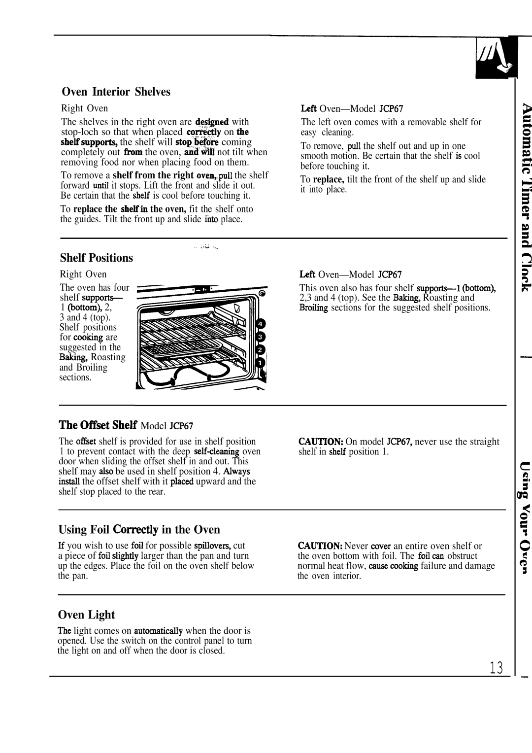 GE manual Oven Interior Shelves, Shelf Positions, Me Offset Shelf Model JCP67, Using Foil Comtly in the Oven, Oven Light 