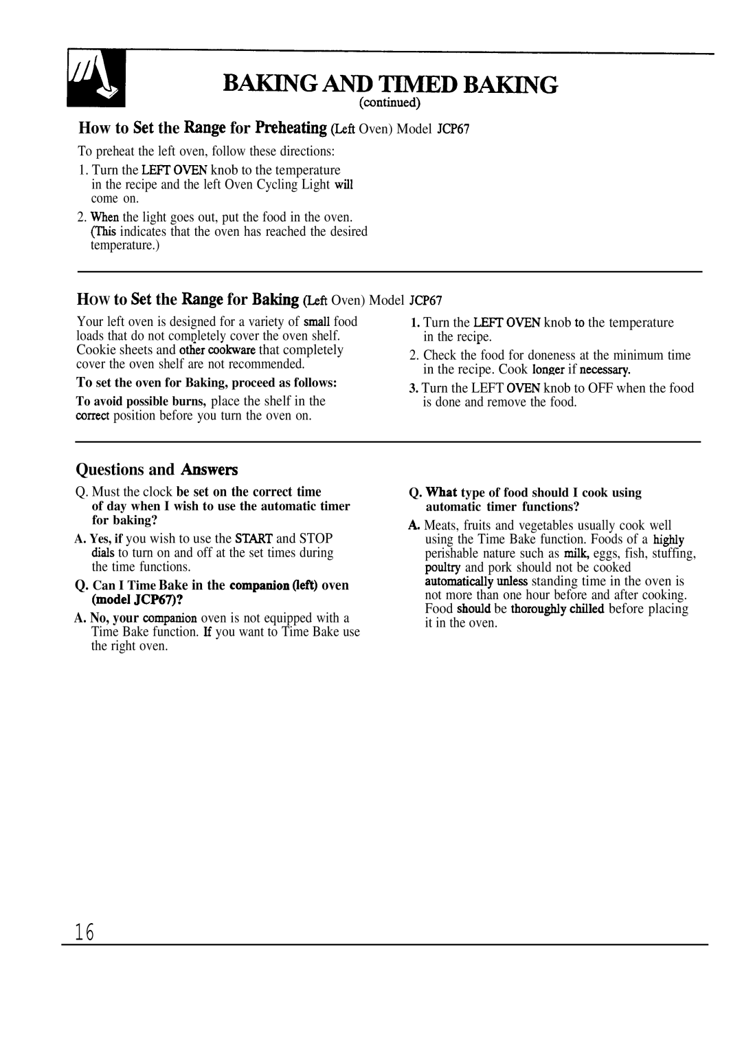 GE manual How to Set the Mnge for Mheating Lcft Oven Model JCP67, HOW to Set the ~nge for BaKng @ft Oven Model JCP67 