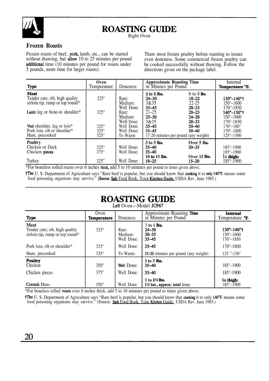 GE JCP67 manual ROAS~G GmE, Frozen Roasts 