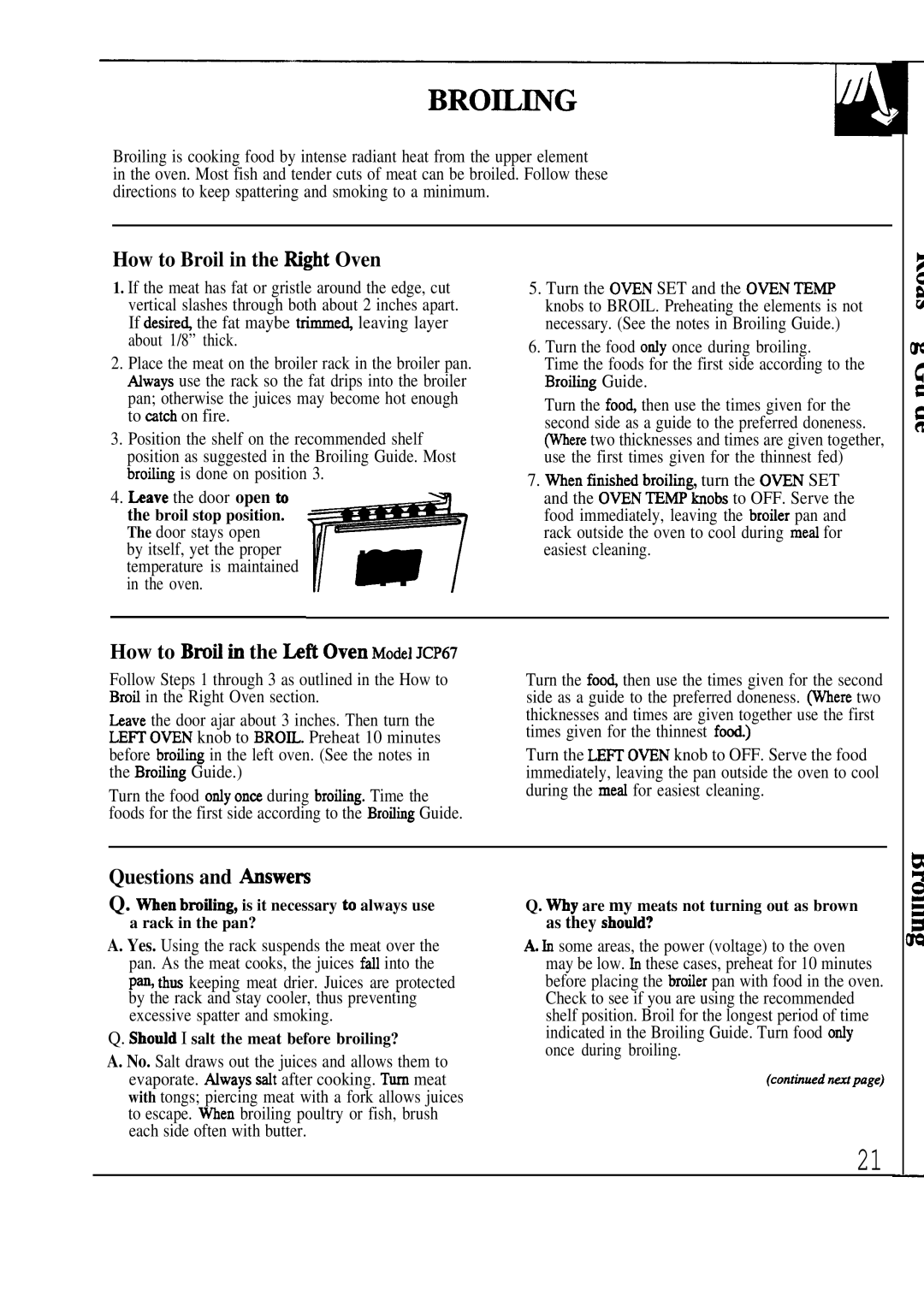 GE manual BROmmG, How to Broil in the Mght Oven, How to Bmti in the Ufi Oven Model JCP67, Excessive spatter and smoking 