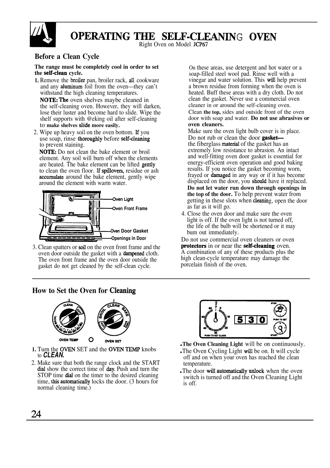 GE manual Before a Clean Cycle, How to Set the Oven for Cleantig, Right Oven on Model JCP67 