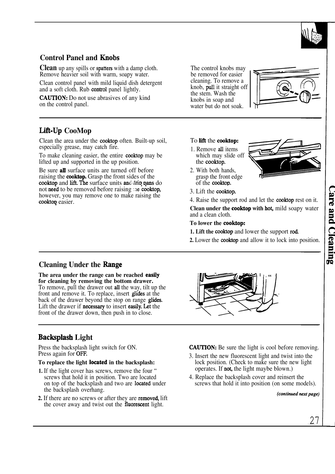 GE JCP67 manual Control Panel and fiobs, Lifi-Up CooMop, Cleaning Under the Mnge, Backplash Light 