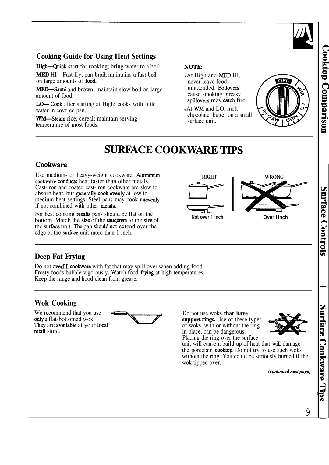 GE JCP67 manual Cooting Guide for Using Heat Settings, Cookare, Deep Fat F@ng, Wok Cooking 