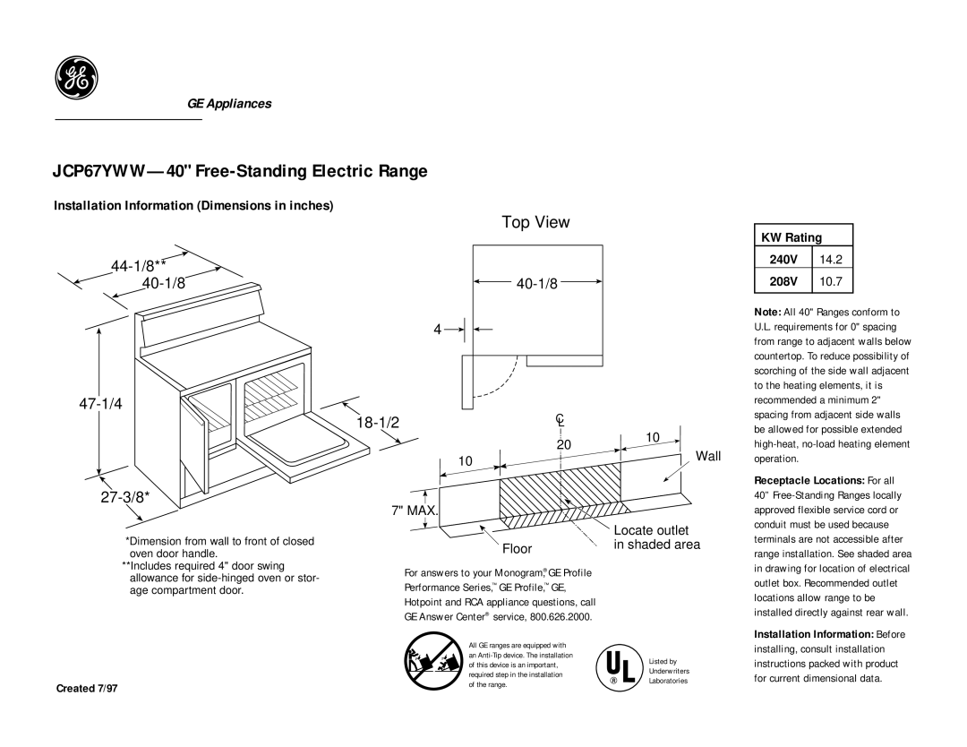 GE dimensions JCP67YWW-40 Free-Standing Electric Range, Top View, 44-1/8 40-1/8 47-1/4 27-3/8, 18-1/2 