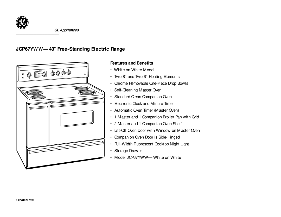 GE JCP67YWW dimensions Features and Benefits 