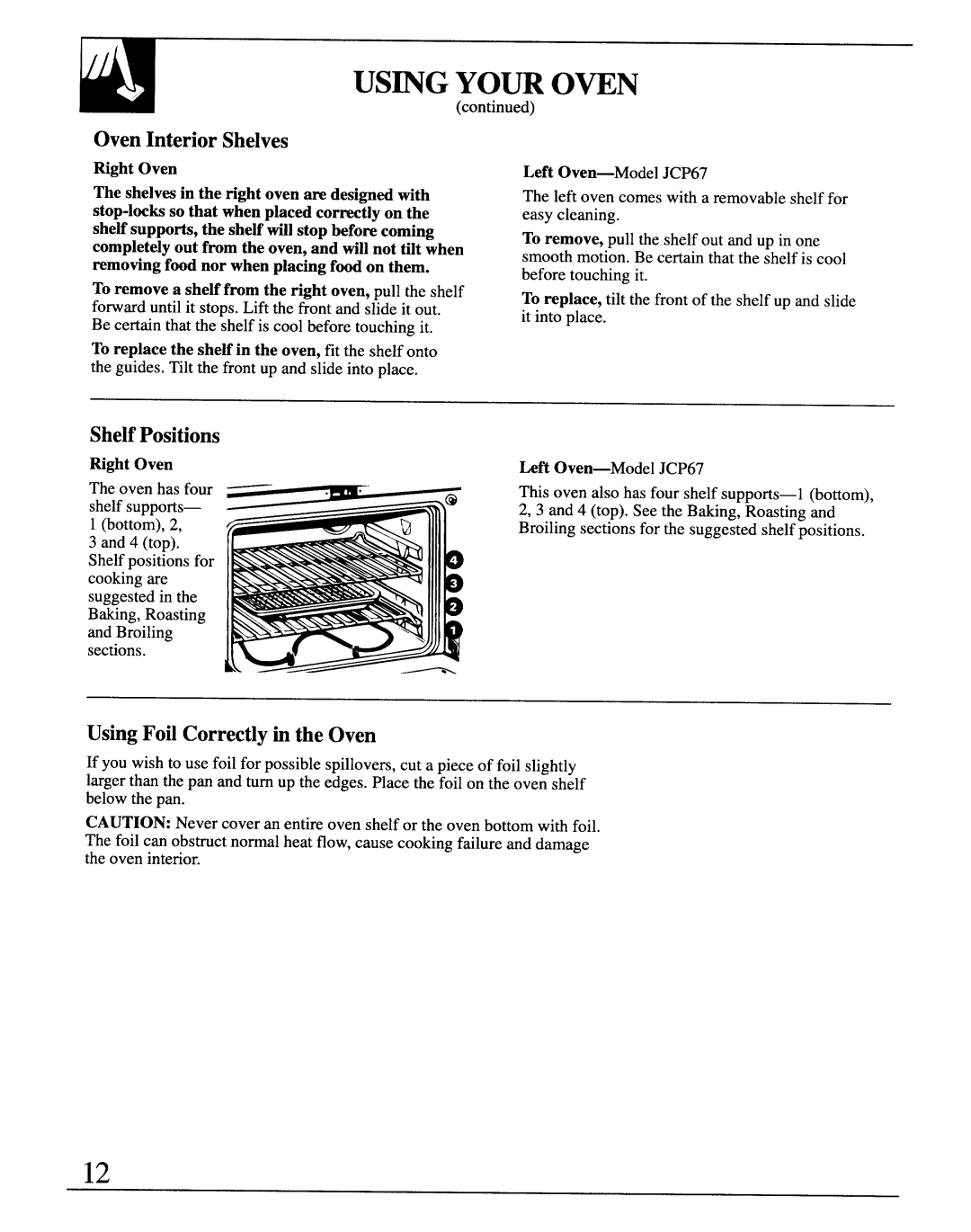 GE JCS57 manual US~G Your OWN, Oven Interior Shelves, Shelf Positions, Using Foil Correctlyin the Oven 